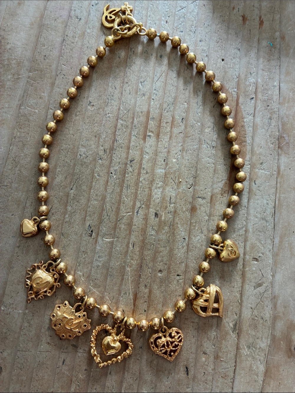 Christian Lacroix Gold Heart Charm Bead Necklace
